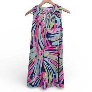 Lilly Pulitzer Sleeveless Midi Dress Small Pink Blue Palm Print Cotton Modal